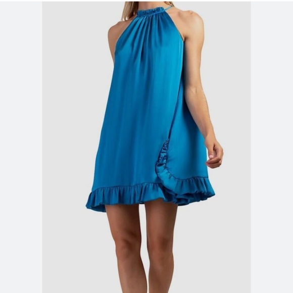 TRINA TURK WOMENS BLUE MURANO RUFFLE SATIN MINI DRESS XS - Picture 1 of 8